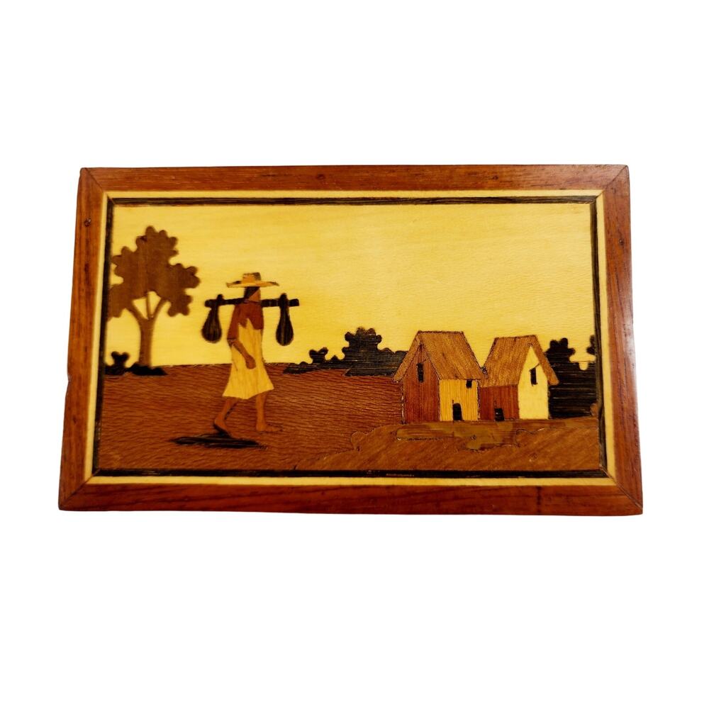 VTG Folk Art Marquetry Inlaided Wooden Trinket Catchall Trinket Box Primitive